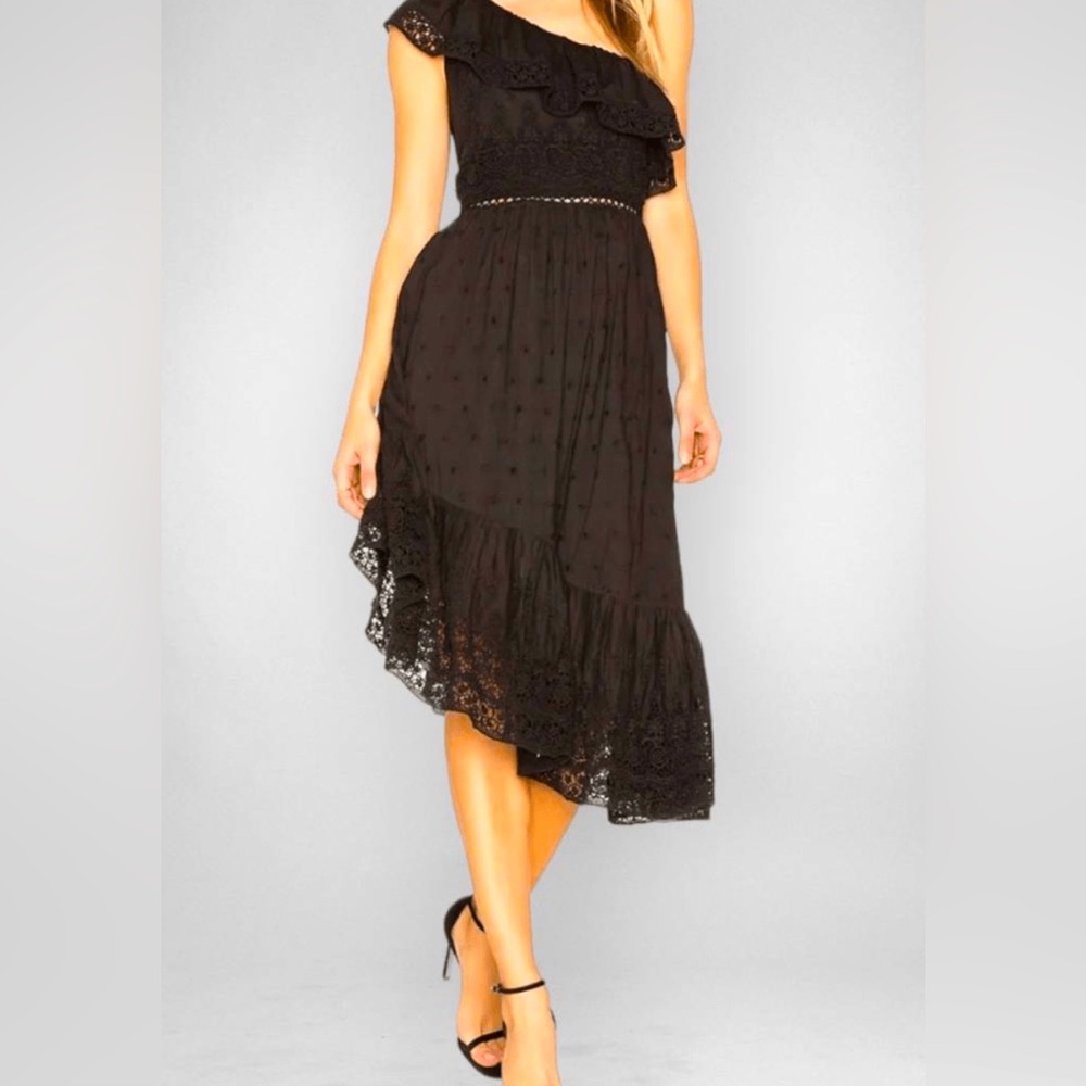 LoveShackFancy Pamela Asymmetric One Shoulder Ruffle Lace Dress Black
